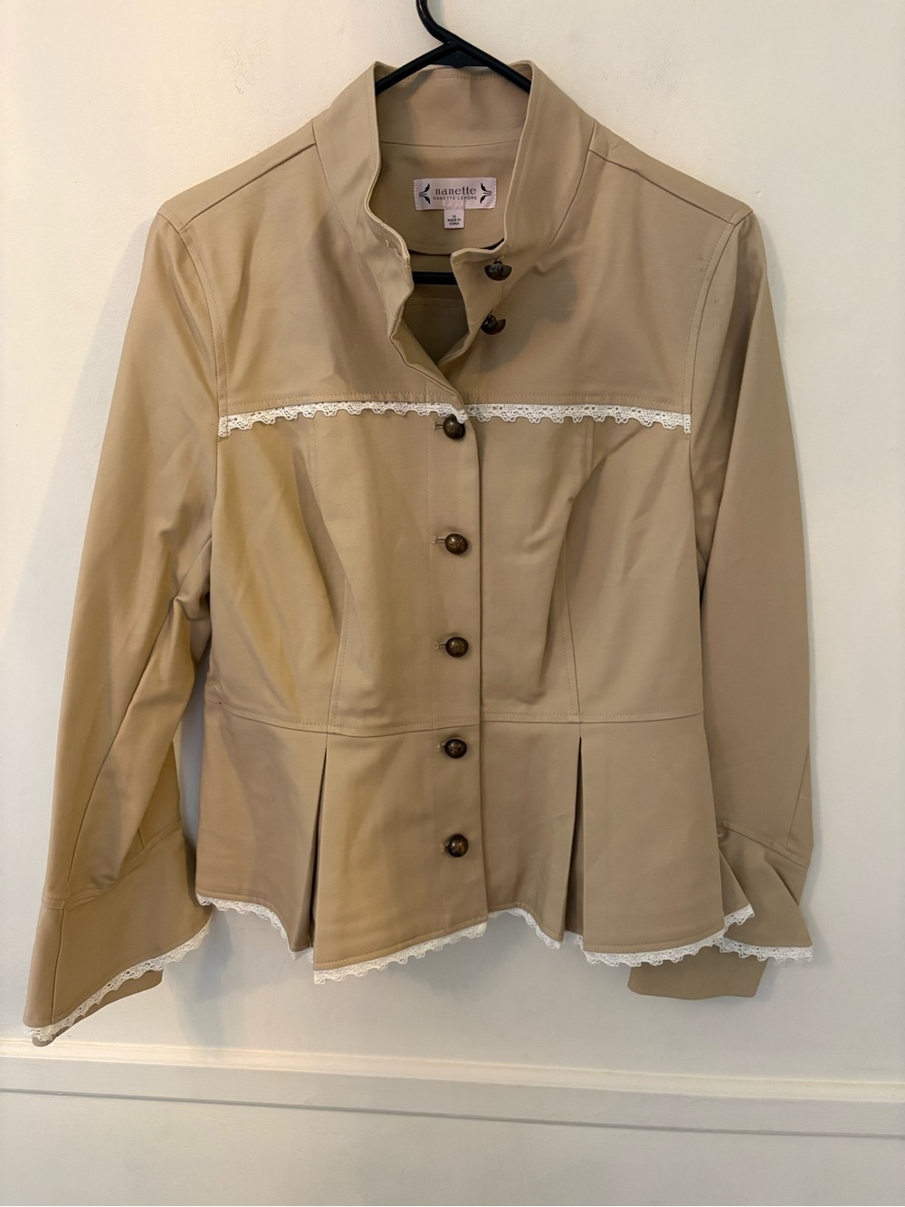 Nanette Lepore Women's Beige Lace Trim Collared Button Front Jacket-Sz 10